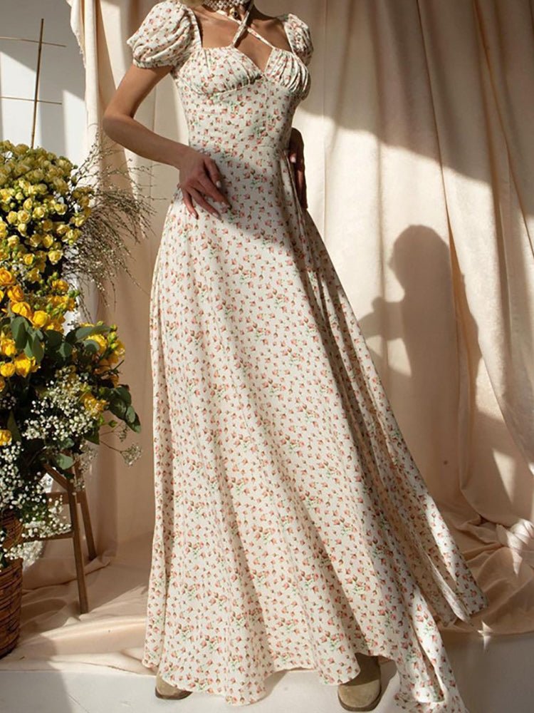 Square Neck Cross Tie Floral Slit Dress