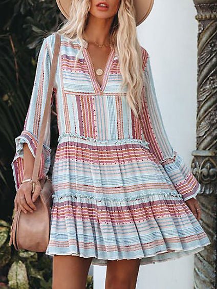 Striped Print V Neck Long Sleeve Dress