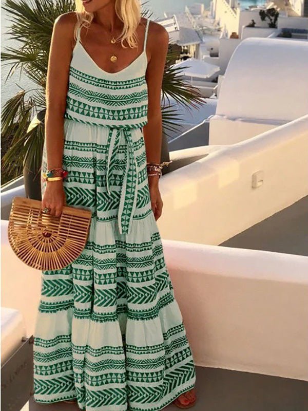 Striped Print V Neck Sling Belted Dress