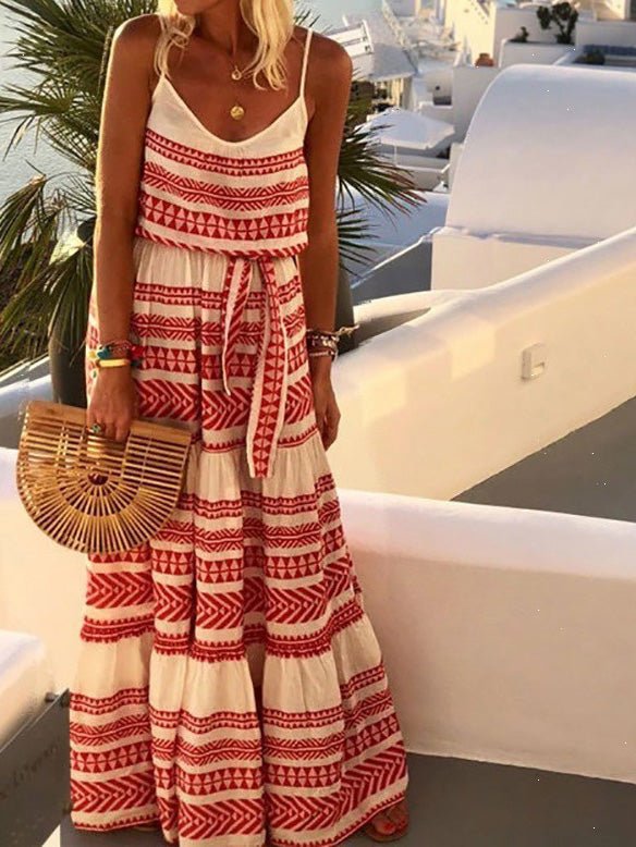 Striped Print V Neck Sling Belted Dress