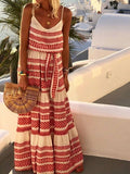 Striped Print V Neck Sling Belted Dress