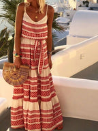 Striped Print V Neck Sling Belted Dress