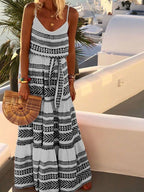 Striped Print V Neck Sling Belted Dress