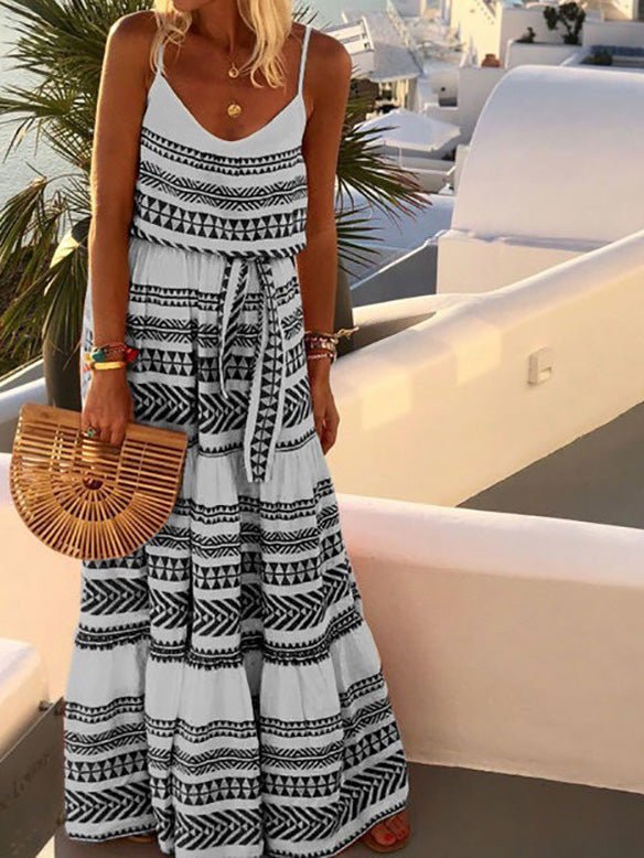 Striped Print V Neck Sling Belted Dress