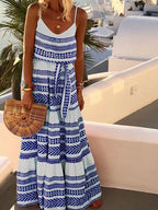 Striped Print V Neck Sling Belted Dress