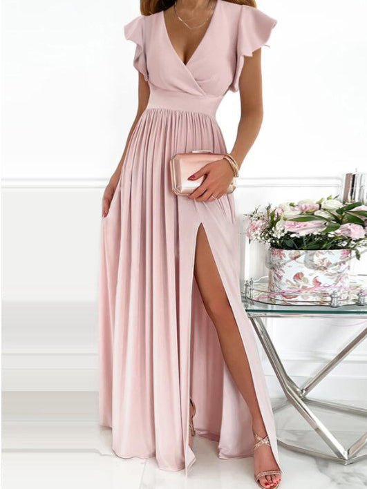 V Neck Printed Short Sleeve Slit Dress