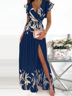 V Neck Printed Short Sleeve Slit Dress
