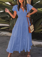 V Neck Short Sleeve Ruffle Dress