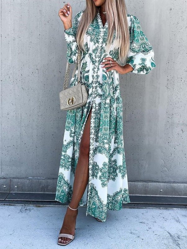 Vintage Print Long Sleeve Slit Dress