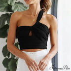 Women's Fashion Pleated Asymmetric Linen Cropped Vintage One Shoulder Side Zipper Women Camisole Tank top