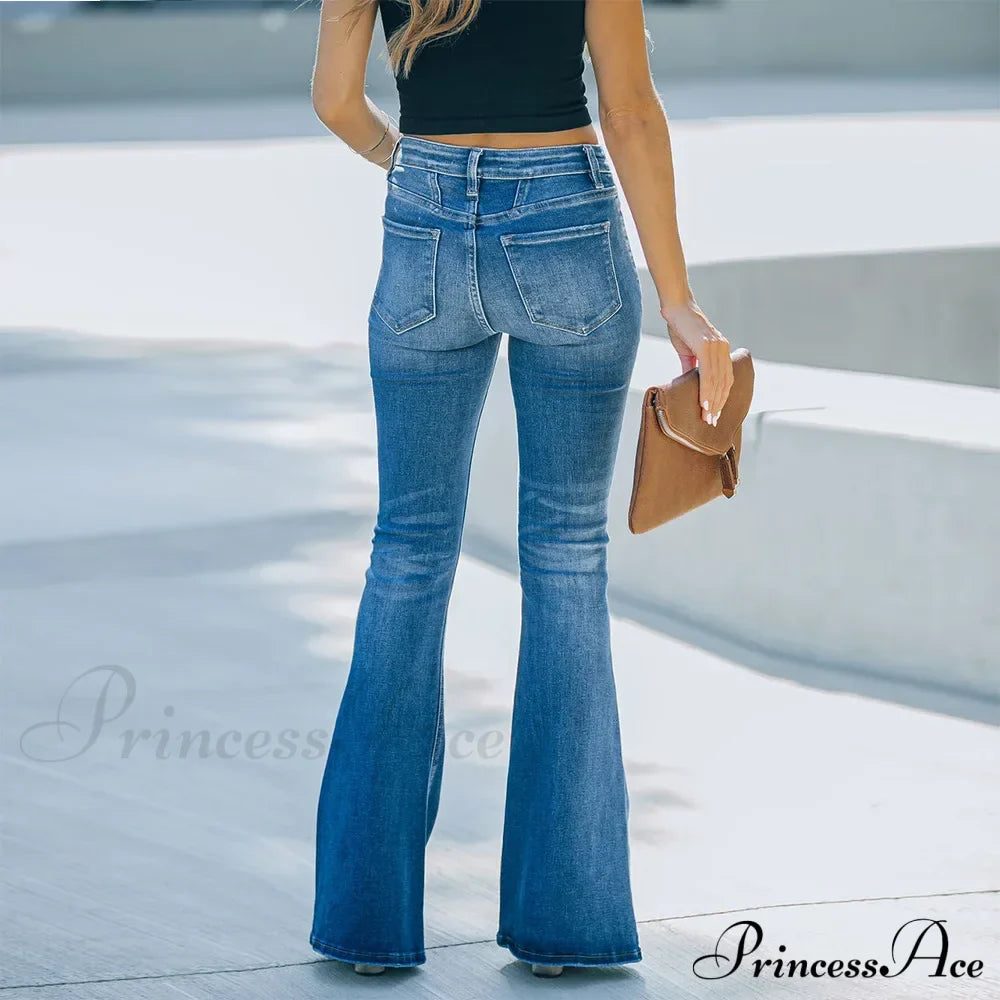 Women's Flared Patchwork Vintage Fashion Stretch High Waist Casual Slim Streetwear Wide Leg Flare Jean