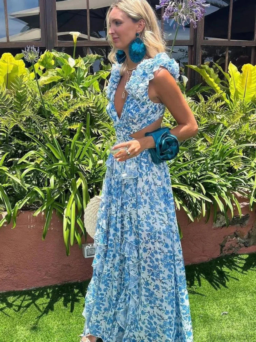 Women's Holiday Party Dresses Sexy V Neck Backless Floral Ruffle Party Dress
