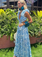 Women's Holiday Party Dresses Sexy V Neck Backless Floral Ruffle Party Dress
