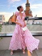 Women's Holiday Party Dresses Sexy V Neck Backless Floral Ruffle Party Dress