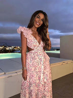 Women's Holiday Party Dresses Sexy V Neck Backless Floral Ruffle Party Dress