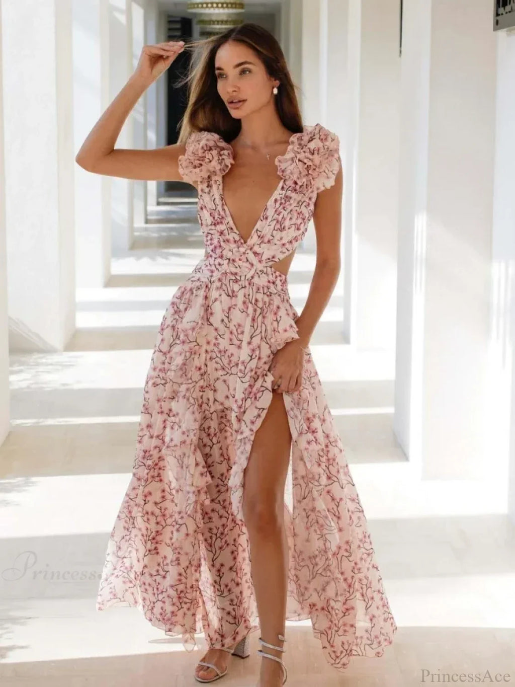 Women's Holiday Party Dresses Sexy V Neck Backless Floral Ruffle Party Dress