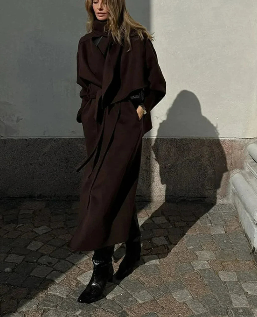 Women's Scarf Collar Woolen Belted Overcoat