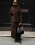 Women's Scarf Collar Woolen Belted Overcoat