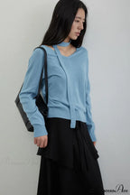 Wool V-Neck Oversized Long-Sleeve Knit Top