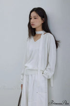 Wool V-Neck Oversized Long-Sleeve Knit Top