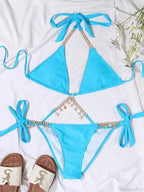 Wrinkled Diamond Metal Chain Bikini Set