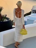 Backless Tie Up Knit Crochet HollowOut Beach Maxi Dress