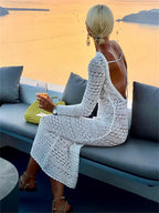 Backless Tie Up Knit Crochet HollowOut Beach Maxi Dress