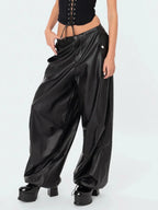Black PU Leather Cargo Baggy Low Waist Drawstring Button Long Streetwear Pants