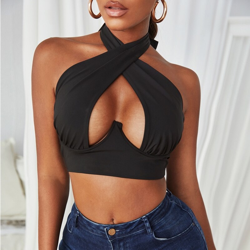 Hollow Out Cross Halter Neck Tank Top