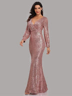 Elegant Long Sleeve Sequined Evening Dress