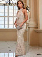 Elegant Neck Sequined Evening Dress