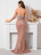 Sequined Strapless One-shoulder Evening Dress