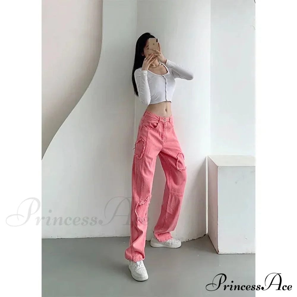 Y2K Cute Pink Heart Shape Jeans