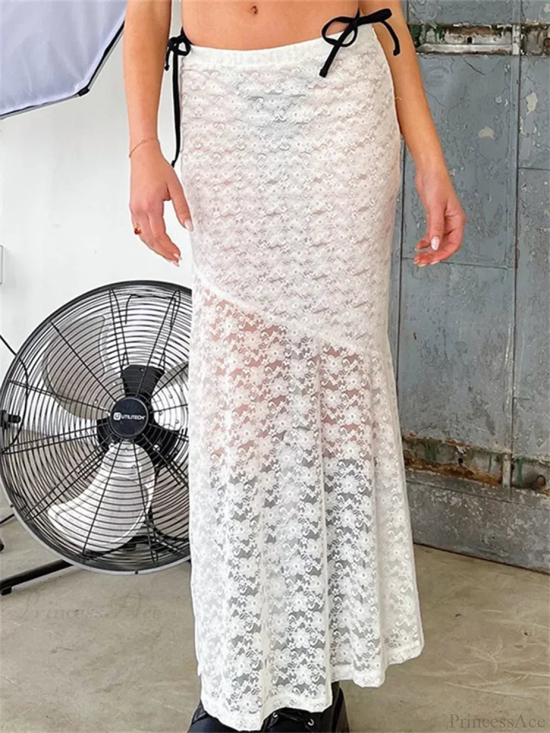 Y2K Grunge Lace Mesh See Through Bow Tie Long Skirt