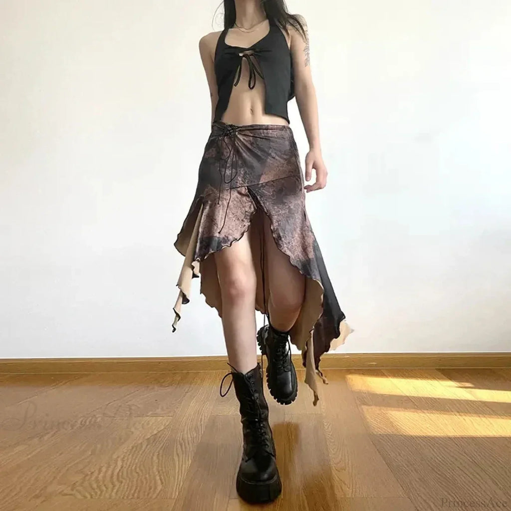 Y2K Irregular Midi Skirt Vintage Boho Ruffles Print Skirt