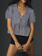 Y2K Peplum Ruffle Plaid Blouse