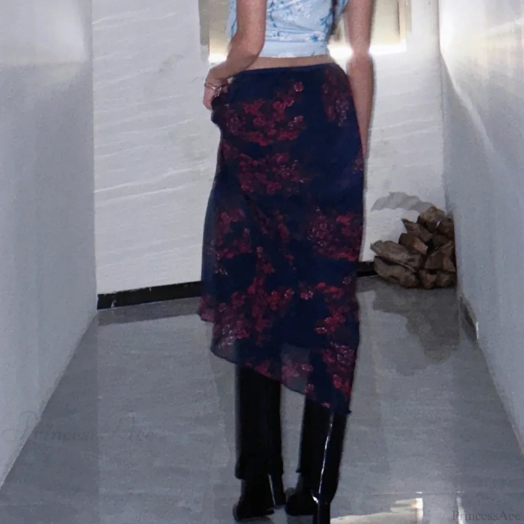 Y2K Retro Floral Printed High Waist Ruffled Women's Long Skirt
