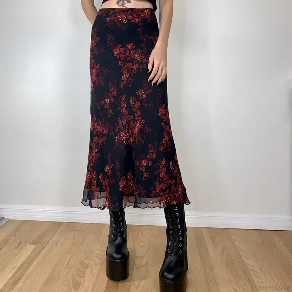Y2K Retro Floral Printed High Waist Ruffled Women's Long Skirt