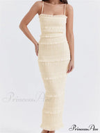 Y2K Ruched Sleeveless Strap Sling for Women Ruffles Square Neck Low Cut Back Split Female Vestidos