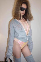 Y2K Sherpa Collar Rhinestone Zip-Front Waist-Cinched Hoodie