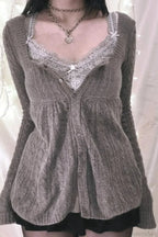 Y2K Sweet Square Neck Cable Knit Button Blouse