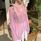 Y2K Vintage Long Sleeve Vertical Stripe Print Knit Top