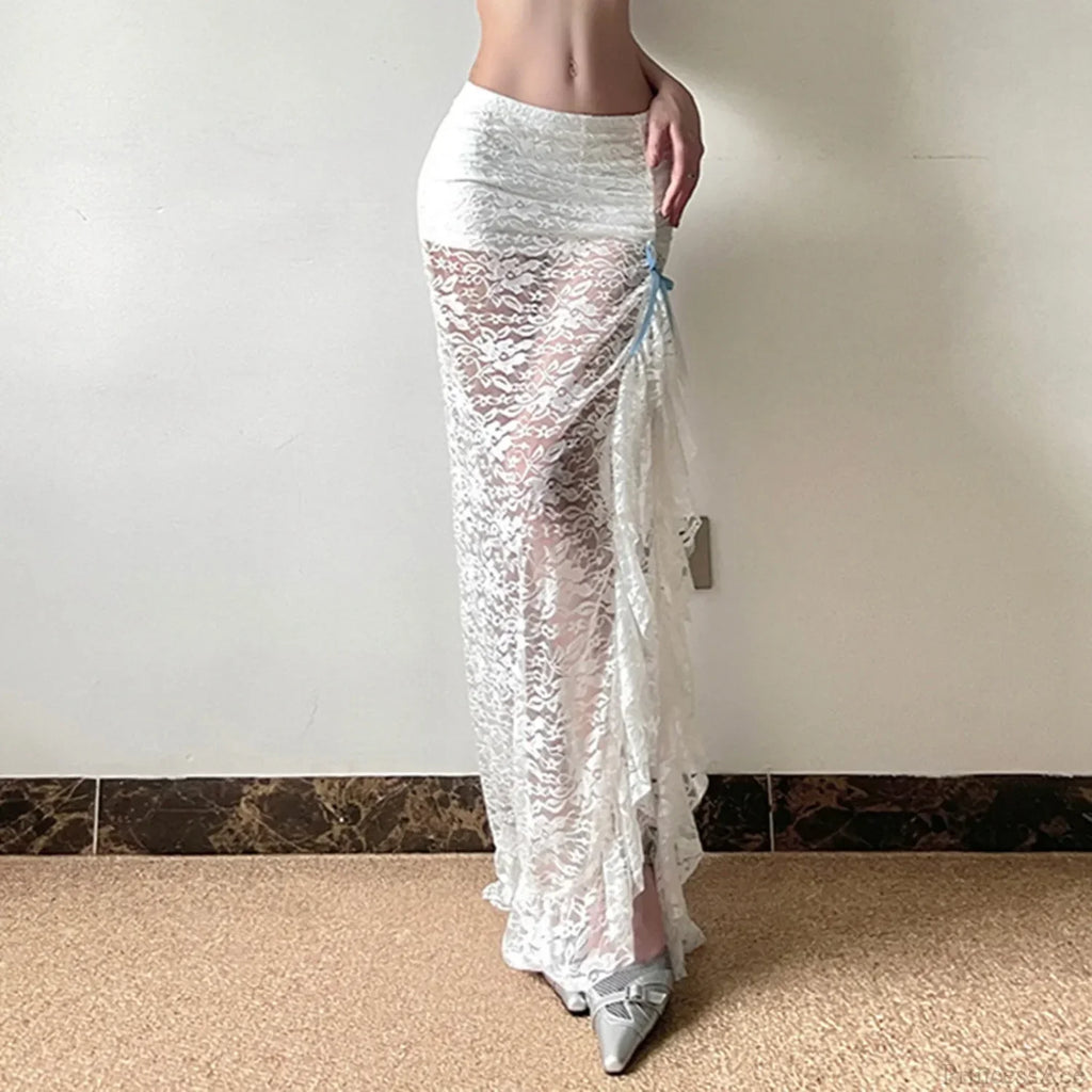 Y2K White Boho Floral Lace Low Waist Maxi Skirt