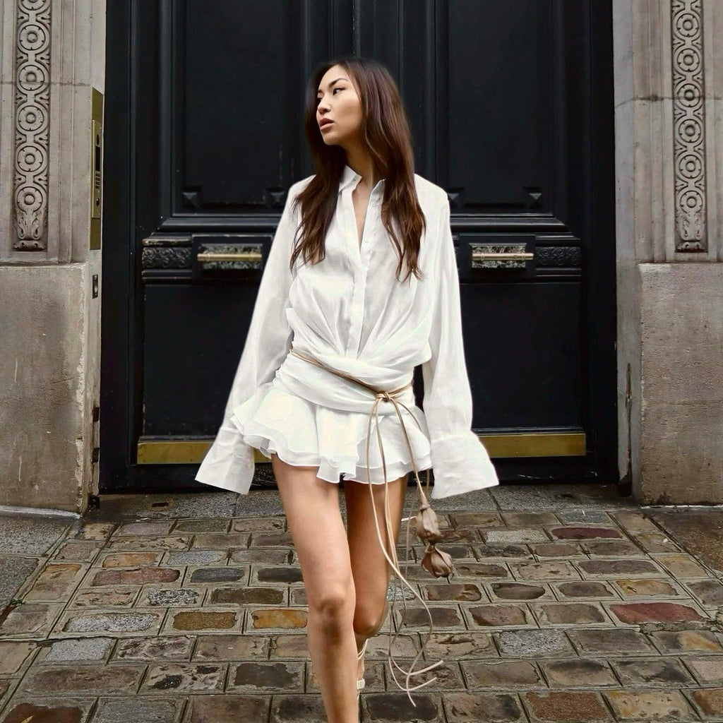 Beatrix - Classic Long Sleeves Pleated Shirt Dress