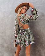 Zida Floral Ruffle Tiered Cutout Dress Olive