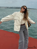 Zippered Spliced Motorcycle Fashionable Solid Stand Neck Long Sleeve Short Autumn Coat