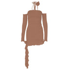 Long sleeve off shoulder flower applique ruffle ruched mini dress