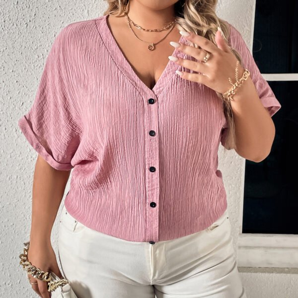 Loose-Fit V-Neck Button Short Sleeve Shirt for Women