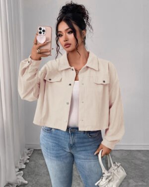 Casual Corduroy Jacket With Polo Collar And Lantern Sleeves