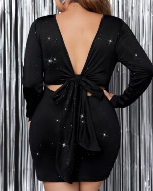 Bow Back Long Sleeve Bodycon Dress Black Plus Size